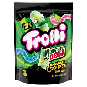 image:imageTrolli x Mountain Dew Sour Brite Crawlers Gummy Worms Candy 123 oz  Original Cherry Blue Raspberry all with Citrus limited edition gaming snack peg bag